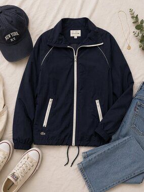 Lacoste Sport Navy Zip Up Jacket Windbreaker Lightweight Women Size 32 Blue XS
